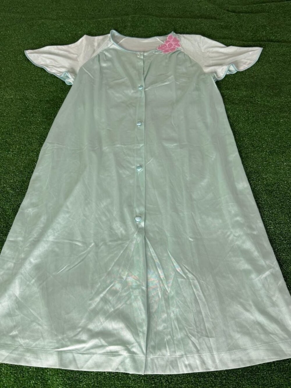 Vintage Lorraine Nylon Nightgown Light Green Floral Applique Button Front M USA